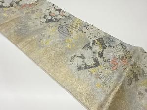 引箔地紙に花々・鶴・橋模様織出し袋帯